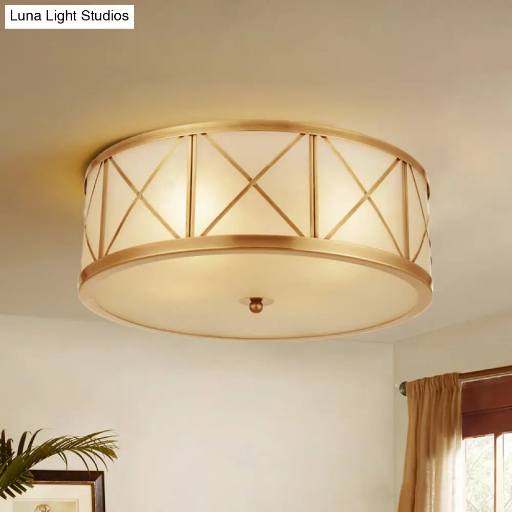 Colonial Gold Glass Ceiling Lamp With Trellis Cage - Bedroom Flush Light