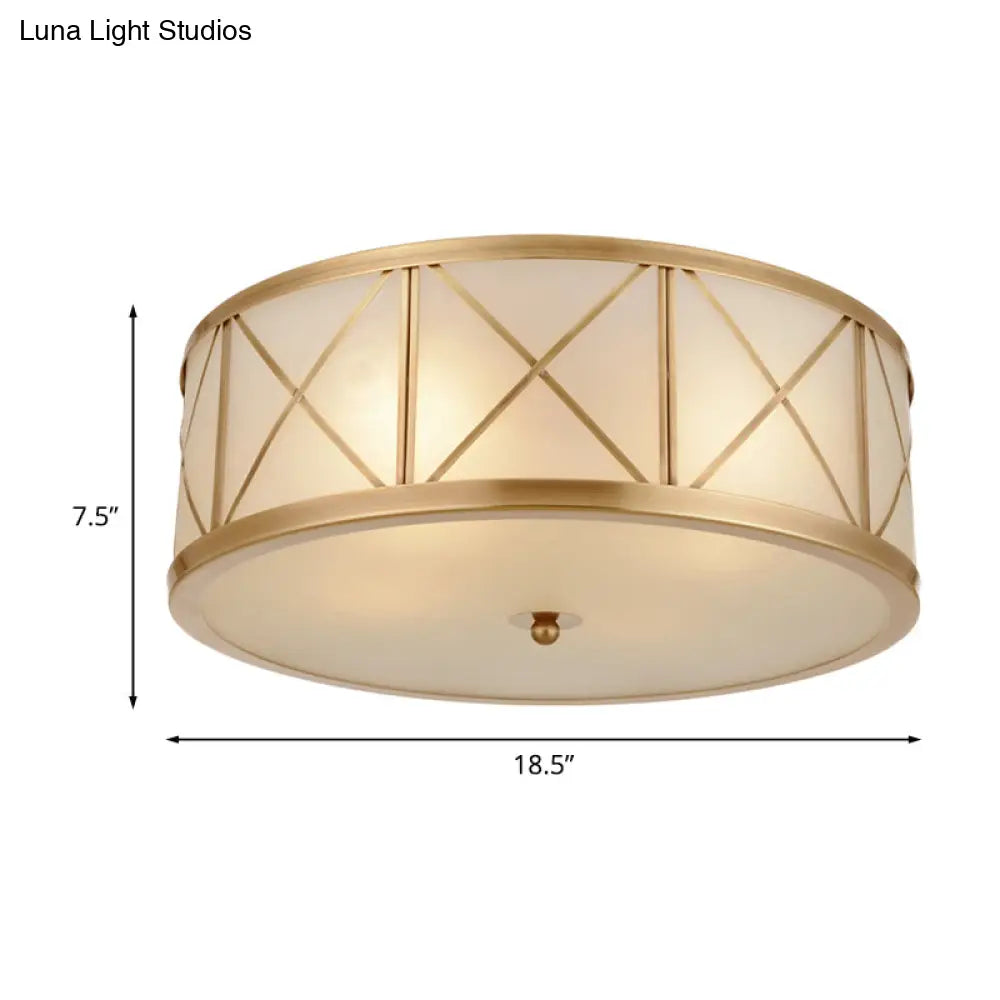 Colonial Gold Glass Ceiling Lamp With Trellis Cage - Bedroom Flush Light