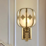 Colonial Gold Lantern Wall Sconce Light With Frosted Glass - Single Bulb Bedroom Lamp / C