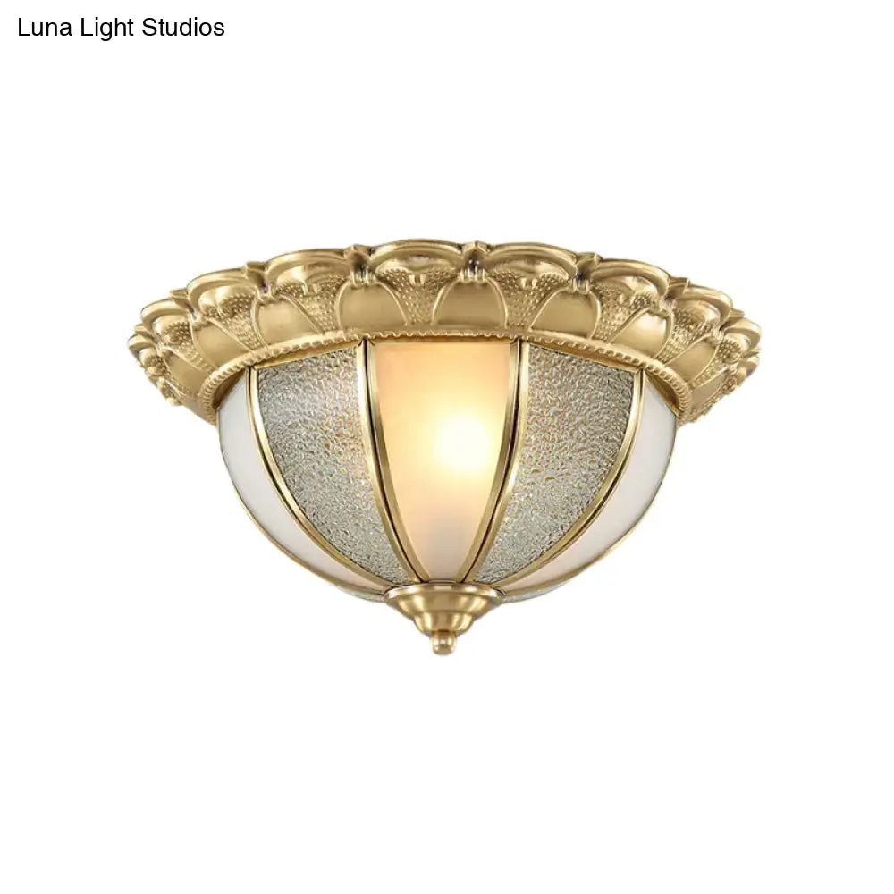 Colonial Gold & White Flush Ceiling Light With Textured Glass - 2-Bulb Domed Mount