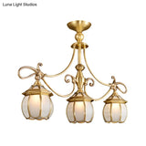 Colonial Lantern Island Light Fixture - 3-Light Ivory Glass Suspension Pendant In Gold For Dining