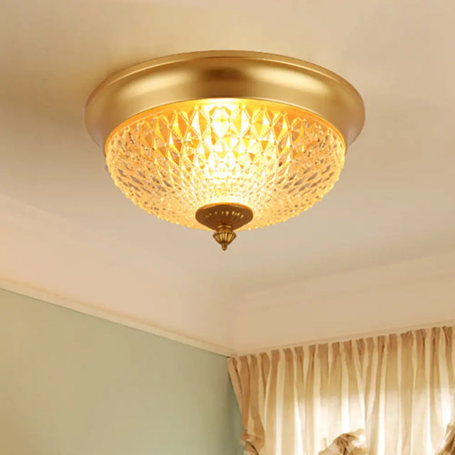 Colonial Lattice Glass Dome Flush Mount Light With 2 Bulbs - Brass Ceiling Lighting Fixture