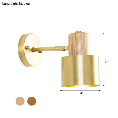 Colonial Metal Cylinder Wall Sconce With Wooden Top - Beige/Brown 1-Light Fixture For Bedroom