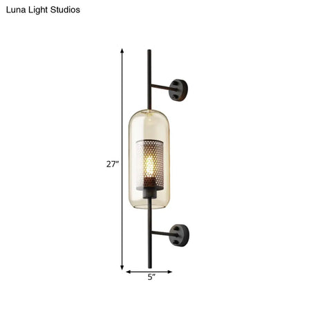 Colonial Oblong Cognac Glass Black Wall Lamp Inner Column Mesh Screen 1 Bulb 5/6 Width