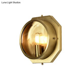 Colonial Octagon Wall Mounted Gold Sconce With Crystal Accent - 1 Head Metal Light Fixture For