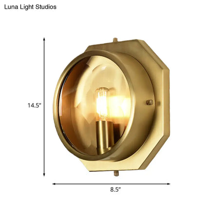 Colonial Octagon Wall Mounted Gold Sconce With Crystal Accent - 1 Head Metal Light Fixture For