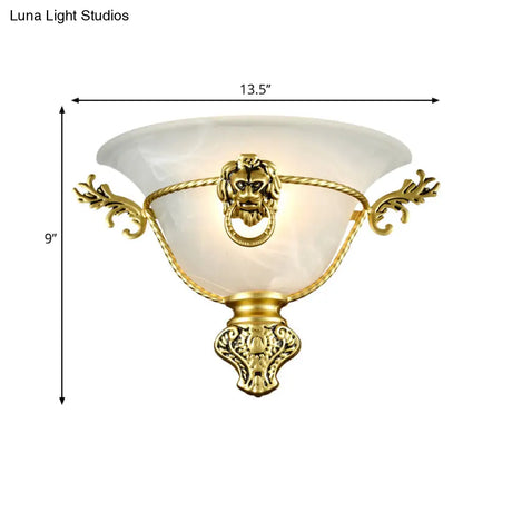 Colonial Opal Glass Trumpet Wall Lamp With Lion Metal Deco - Perfect Bedside Fixture