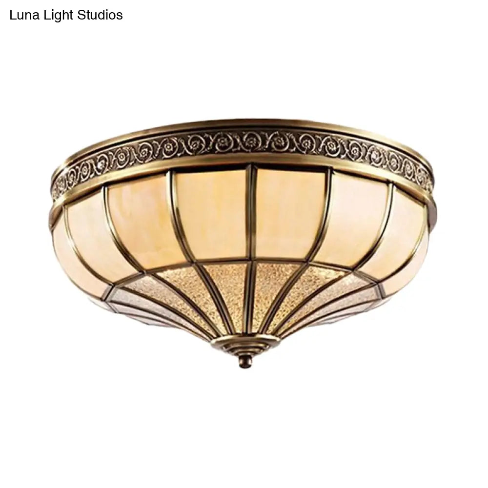 Colonial Opaque Glass Dome Bedroom Flush Mount Lamp Brass Ceiling Light Fixture - 3/4 Bulbs