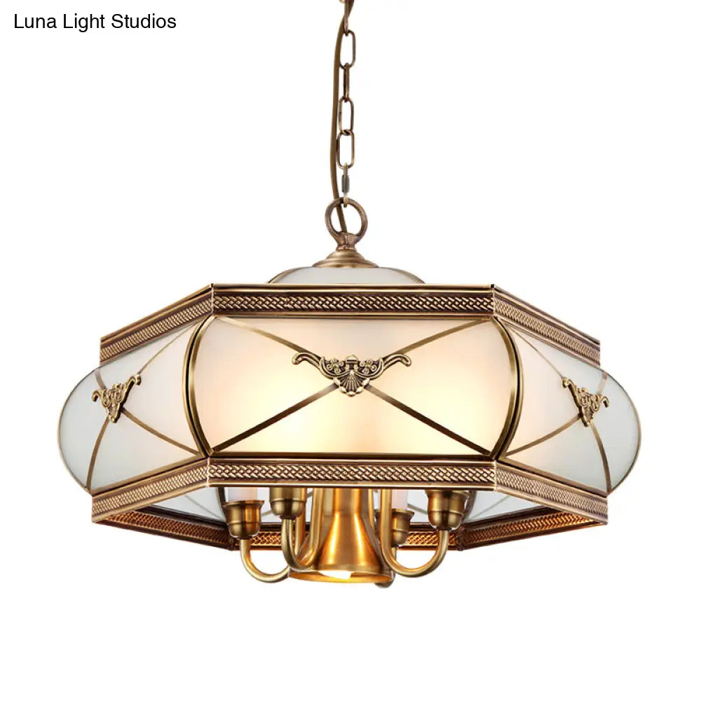 Colonial Satin Opal Glass 5-Light Brass Hexagon Pendant Chandelier For Dining Room