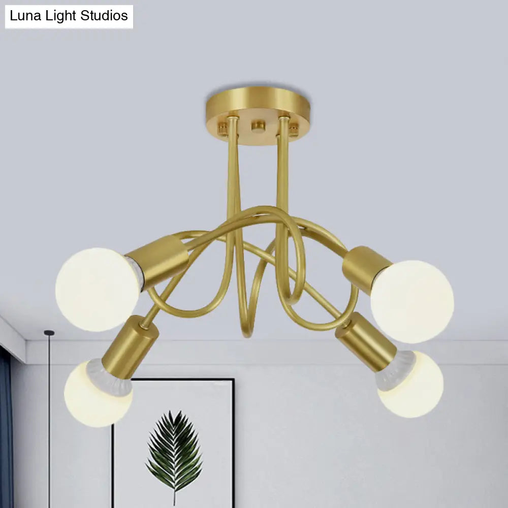 Colonial Sputnik Semi Flush Mount Ceiling Light In Gold With Opal Glass Shade - 3/4/5-Light Metal