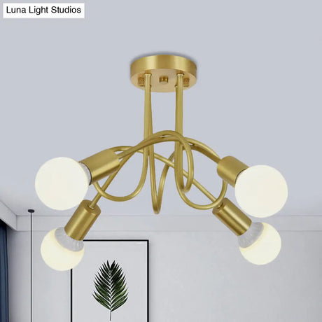 Colonial Sputnik Semi Flush Mount Ceiling Light In Gold With Opal Glass Shade - 3/4/5-Light Metal