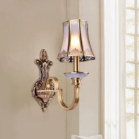 Colonial Style 1/2 Heads Flared Glass Wall Lamp In Brass - Lighting Fixture 1 /