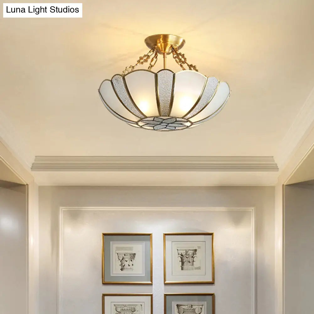 Colonial Style 4-Light Brass Chandelier With Textured White Glass - Dining Room Pendant Light