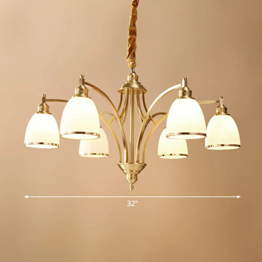 Colonial Style Brass Bell Chandelier Lamp With Cream Glass - Living Room Hanging Light Kit 6 /