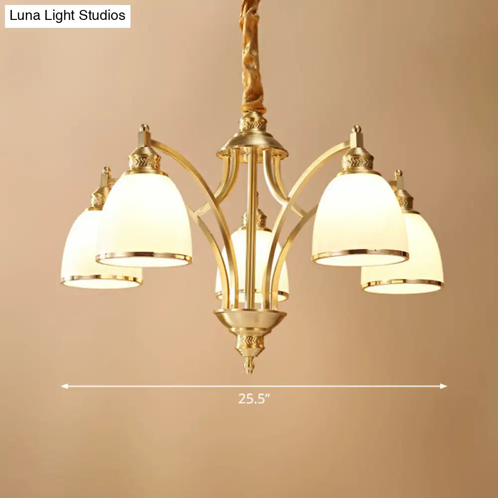 Colonial Style Brass Bell Chandelier Lamp With Cream Glass - Living Room Hanging Light Kit