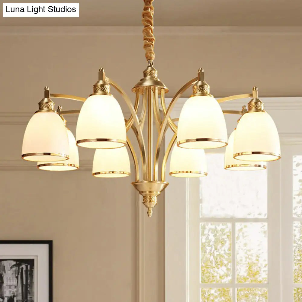 Colonial Style Brass Bell Chandelier Lamp With Cream Glass - Living Room Hanging Light Kit