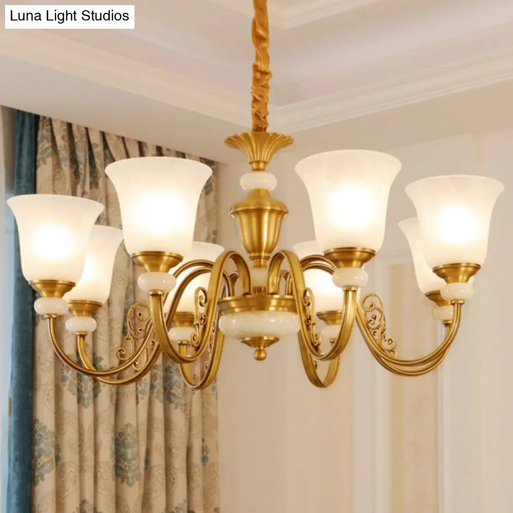 Colonial Style Frosted Glass Brass Chandelier - Bell Shaped Restaurant Suspension Lighting