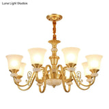 Colonial Style Frosted Glass Brass Chandelier - Bell Shaped Restaurant Suspension Lighting