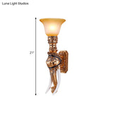 Colonial Style Golden Elephant Sconce Lamp With Amber Glass Shade - Corridor Wall Lighting