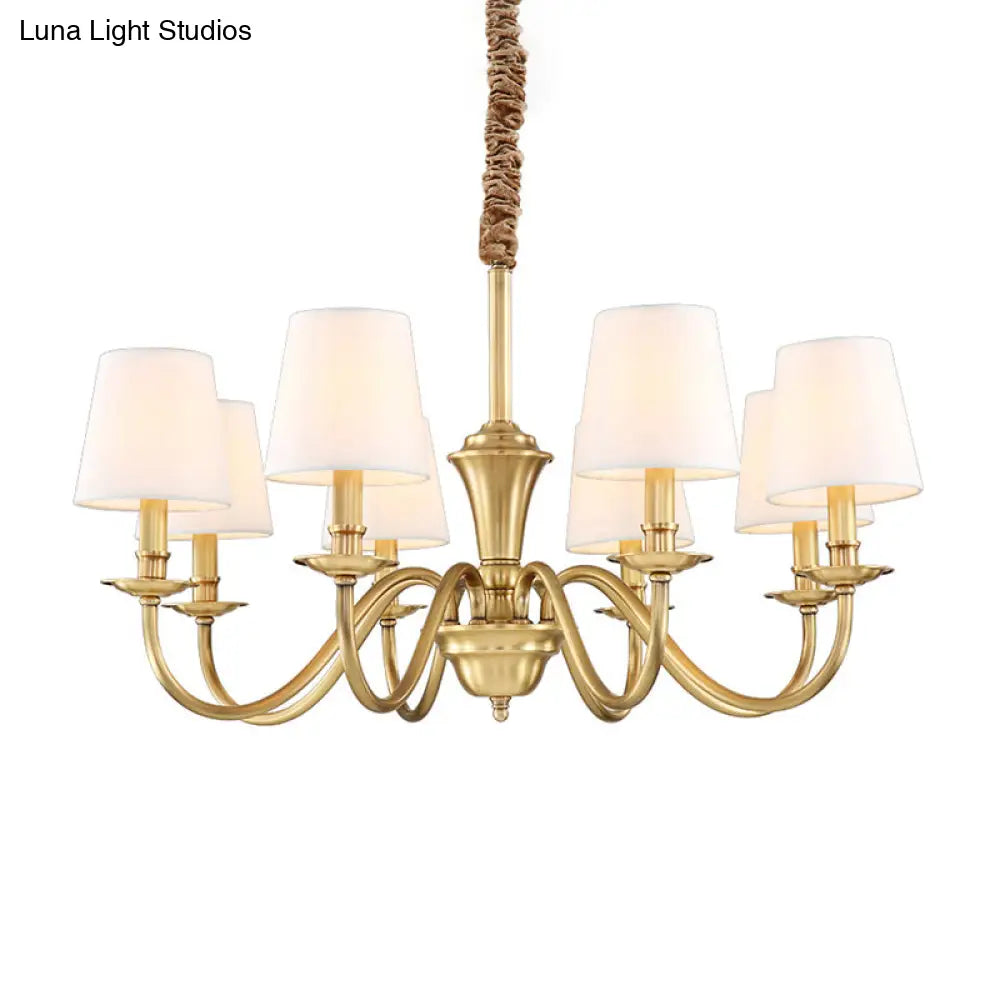 Colonial Style Hanging Chandelier - Gold 6/8-Light Fabric Conical Suspension Pendant