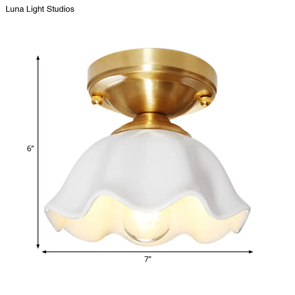 Colonial Style White Glass Ceiling Lamp With Scalloped Fixture For Living Room