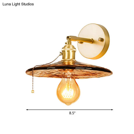 Colonial Wall Sconce In Tan Glass With Gold Saucer/Funnel Design - Bedroom Lighting Fixture