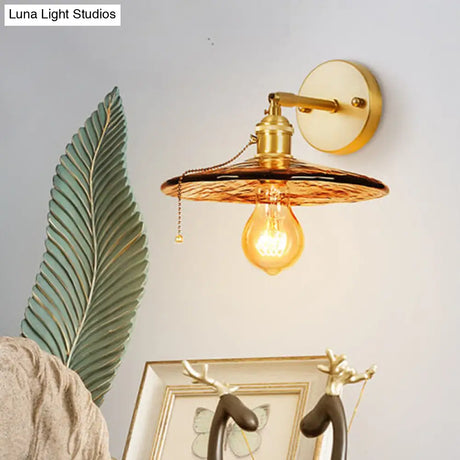 Colonial Wall Sconce In Tan Glass With Gold Saucer/Funnel Design - Bedroom Lighting Fixture