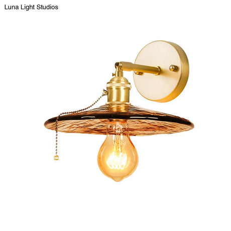 Colonial Wall Sconce In Tan Glass With Gold Saucer/Funnel Design - Bedroom Lighting Fixture