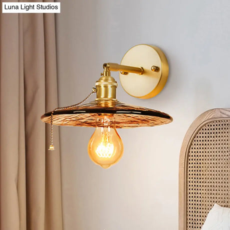 Colonial Wall Sconce In Tan Glass With Gold Saucer/Funnel Design - Bedroom Lighting Fixture