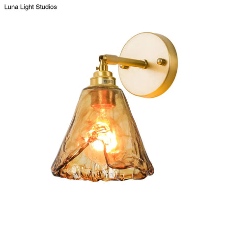 Colonial Wall Sconce In Tan Glass With Gold Saucer/Funnel Design - Bedroom Lighting Fixture