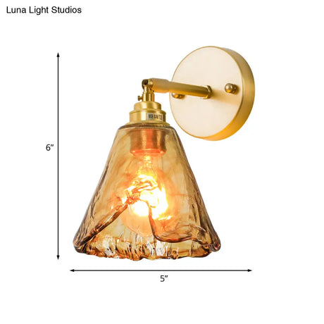 Colonial Wall Sconce In Tan Glass With Gold Saucer/Funnel Design - Bedroom Lighting Fixture