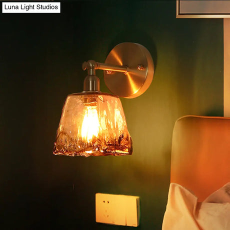 Colonial Wall Sconce In Tan Glass With Gold Saucer/Funnel Design - Bedroom Lighting Fixture