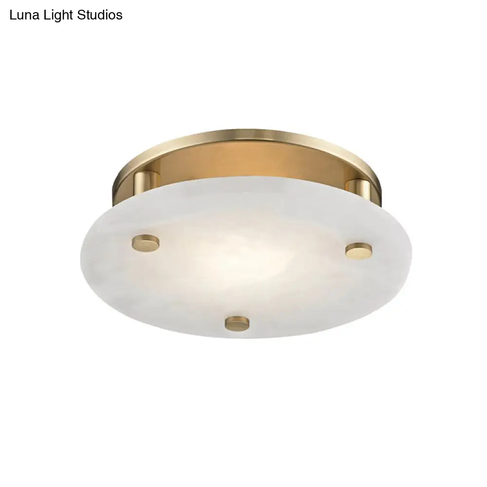 Colonial White Glass Ceiling Light Fixture With Gold Circle Accent - 3-Light Semi Flush Mount For