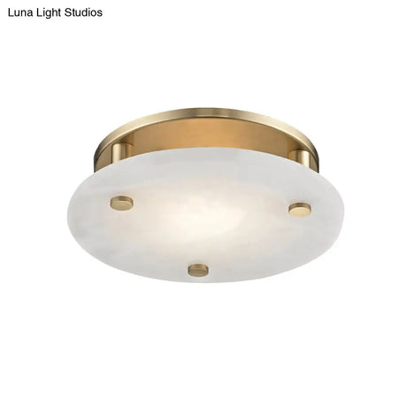 Colonial White Glass Ceiling Light Fixture With Gold Circle Accent - 3-Light Semi Flush Mount For