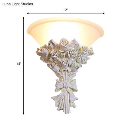 Colonial White Glass Sconce With Flower Resin Decoration For Living Room Wall Lighting