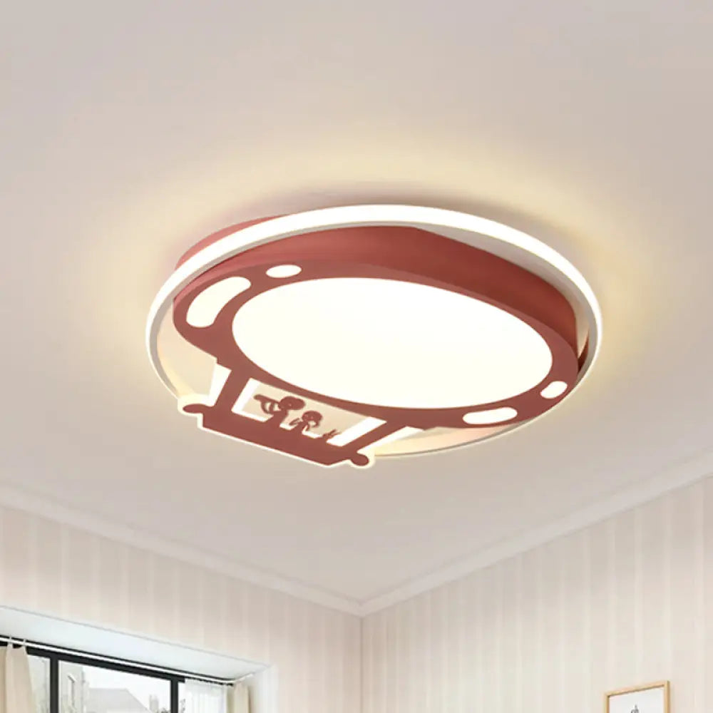 Colorful Cartoon Hot Air Balloon Led Flush Ceiling Light With Metal Shade And Frosted Diffuser Pink