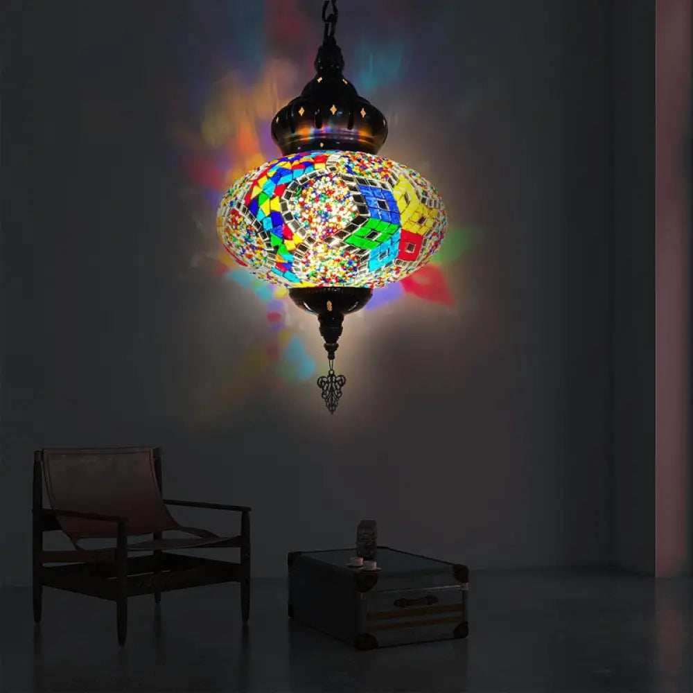 Colorful Glass Pendant Ceiling Light Fixture - Traditional Global Style With 1/4 Heads In Chrome For