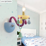 Colorful Kids Wall Sconce With Bell & Teardrop Deco Glass For Nursing Room