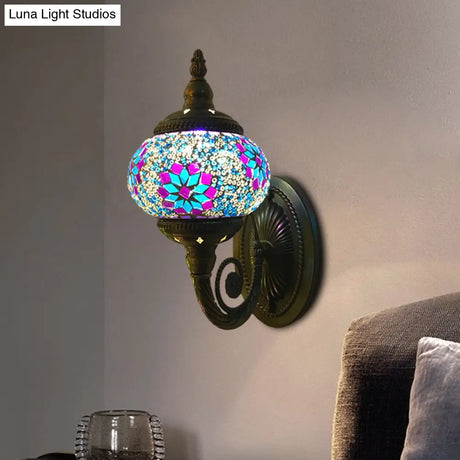 Colorful Stained Glass Orb Wall Sconce: Single Head Bedroom Light In Red/Orange/Blue