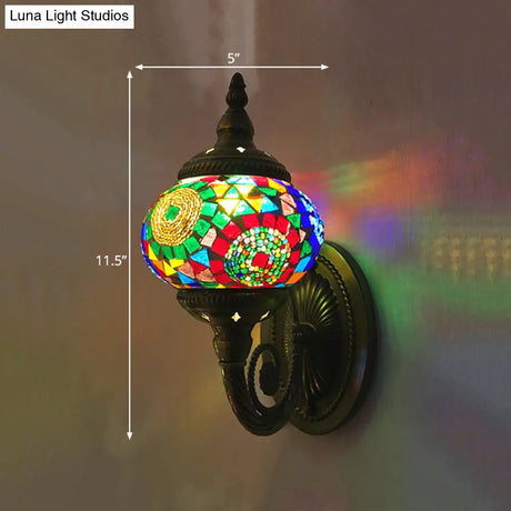Colorful Stained Glass Orb Wall Sconce: Single Head Bedroom Light In Red/Orange/Blue