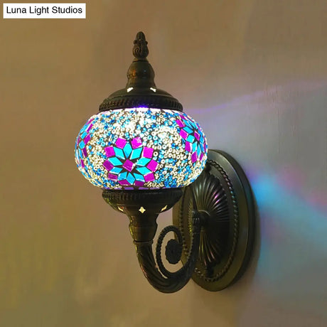 Colorful Stained Glass Orb Wall Sconce: Single Head Bedroom Light In Red/Orange/Blue