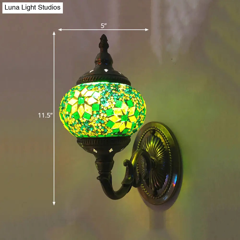 Colorful Stained Glass Orb Wall Sconce: Single Head Bedroom Light In Red/Orange/Blue