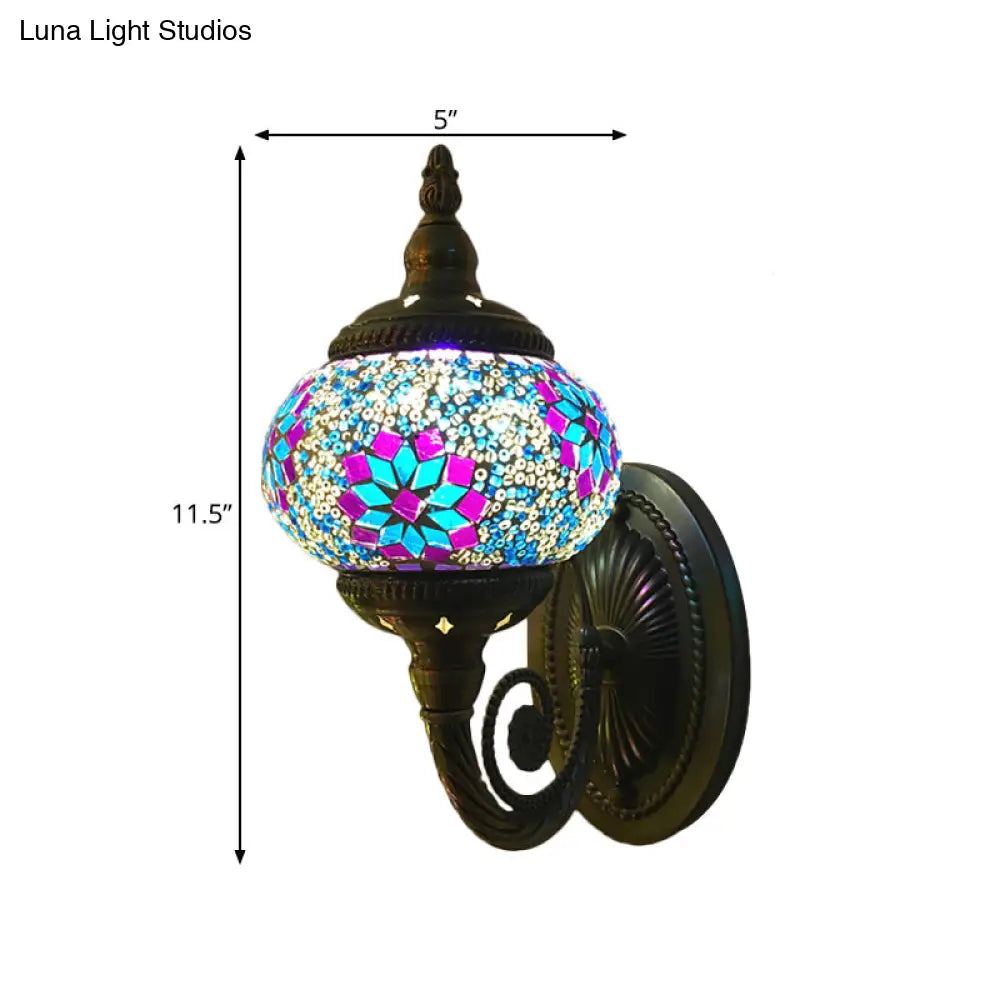 Colorful Stained Glass Orb Wall Sconce: Single Head Bedroom Light In Red/Orange/Blue
