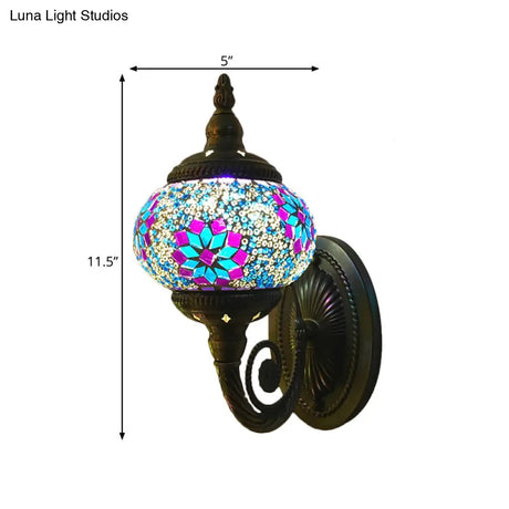 Colorful Stained Glass Orb Wall Sconce: Single Head Bedroom Light In Red/Orange/Blue