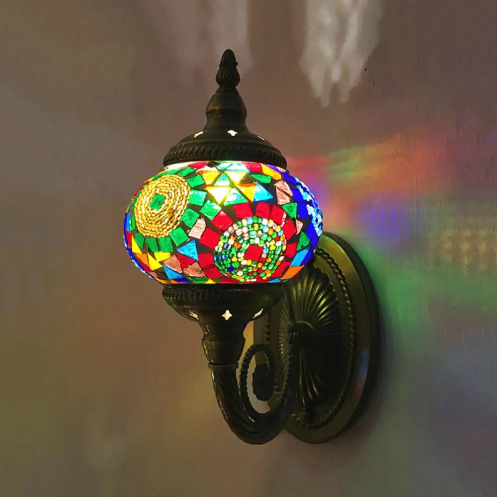 Colorful Stained Glass Orb Wall Sconce: Single Head Bedroom Light In Red/Orange/Blue Red