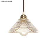 Cone Clear Ribbed Glass Pendulum Light: Minimalist 1-Light Suspension Lamp In Brass For Dining Table