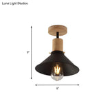 Conic Metal Semi-Flush Mount Foyer Ceiling Light With Wooden Canopy - Loft Style 1 Bulb 8’/10’