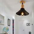 Conic Metal Semi-Flush Mount Foyer Ceiling Light With Wooden Canopy - Loft Style 1 Bulb 8’/10’