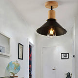 Conic Metal Semi-Flush Mount Foyer Ceiling Light With Wooden Canopy - Loft Style 1 Bulb 8’/10’