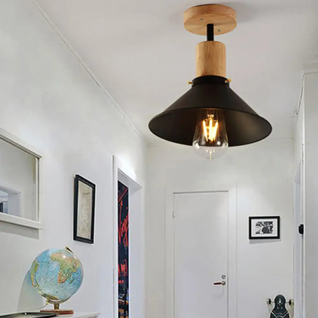 Conic Metal Semi-Flush Mount Foyer Ceiling Light With Wooden Canopy - Loft Style 1 Bulb 8’/10’